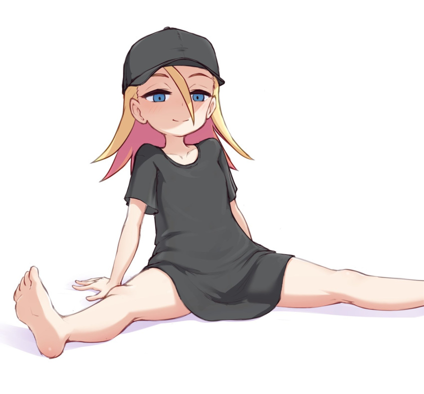 1girl, akai_(riaakai), barefoot, black_headwear, black_shirt, blonde_hair, blue_eyes, blush, closed_mouth, collarbone, do_it_yourself!!, feet, hat, highres, juliet_queen_elizabeth_viii, looking_at_viewer, shirt, short_hair, simple_background, sitting, smile, solo, white_background