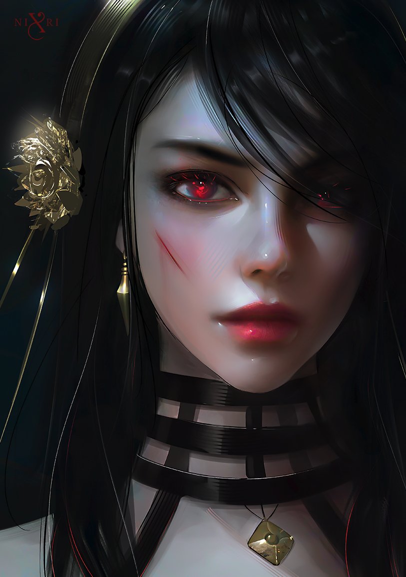 1girl, bangs, black_hair, close-up, closed_mouth, deep_wound, earrings, flower, forehead, hair_ornament, hairpin, headband, injury, jewelry, lipstick, long_hair, looking_afar, makeup, necklace, nixri, parted_bangs, realistic, red_eyes, red_lips, rose, shadow, solo, spy_x_family, v-shaped_eyebrows, yellow_flower, yellow_headband, yellow_rose, yor_briar