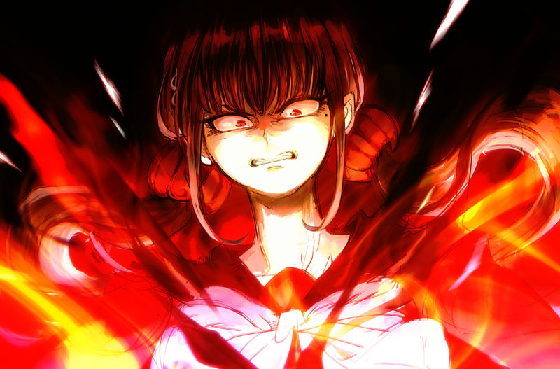 1girl, angry, bangs, black_background, bow, bowtie, brown_hair, clenched_teeth