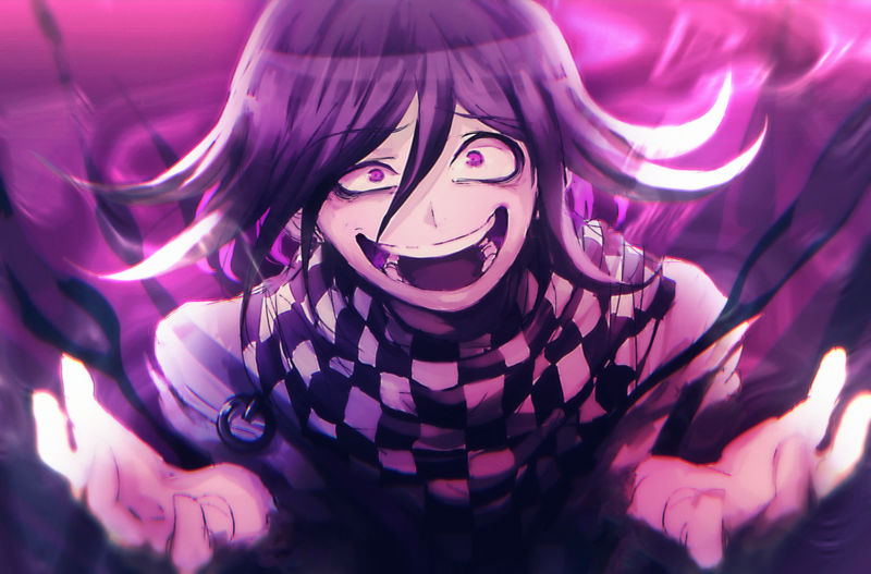 1boy, :d, bangs, checkered_clothes, crazy, danganronpa_(series), danganronpa_v3:_killing_harmony, hair_between_eyes