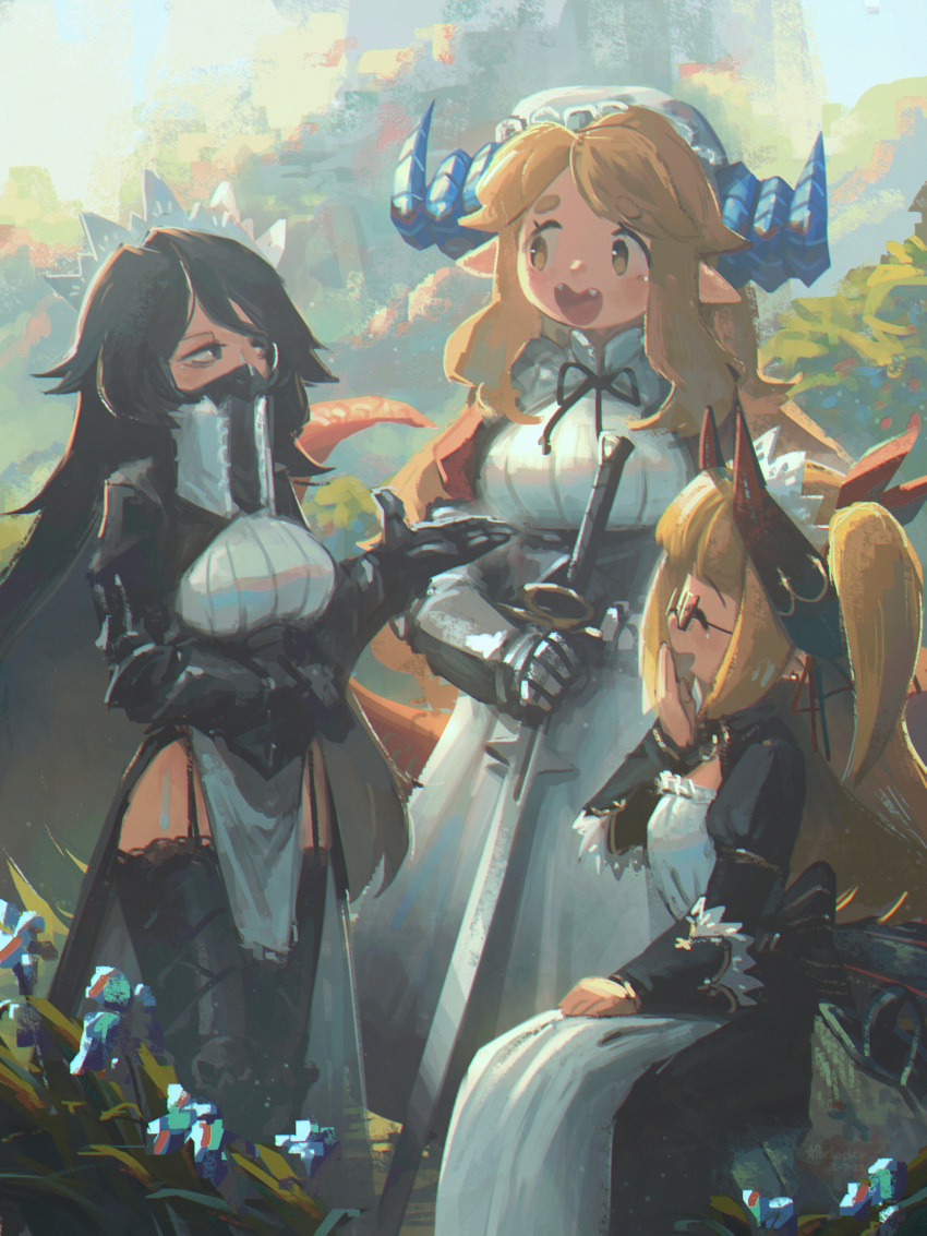 3girls, absurdres, apron, black_hair, blonde_hair, borrowed_character, closed_eyes, dragon_maid_(murgoten)