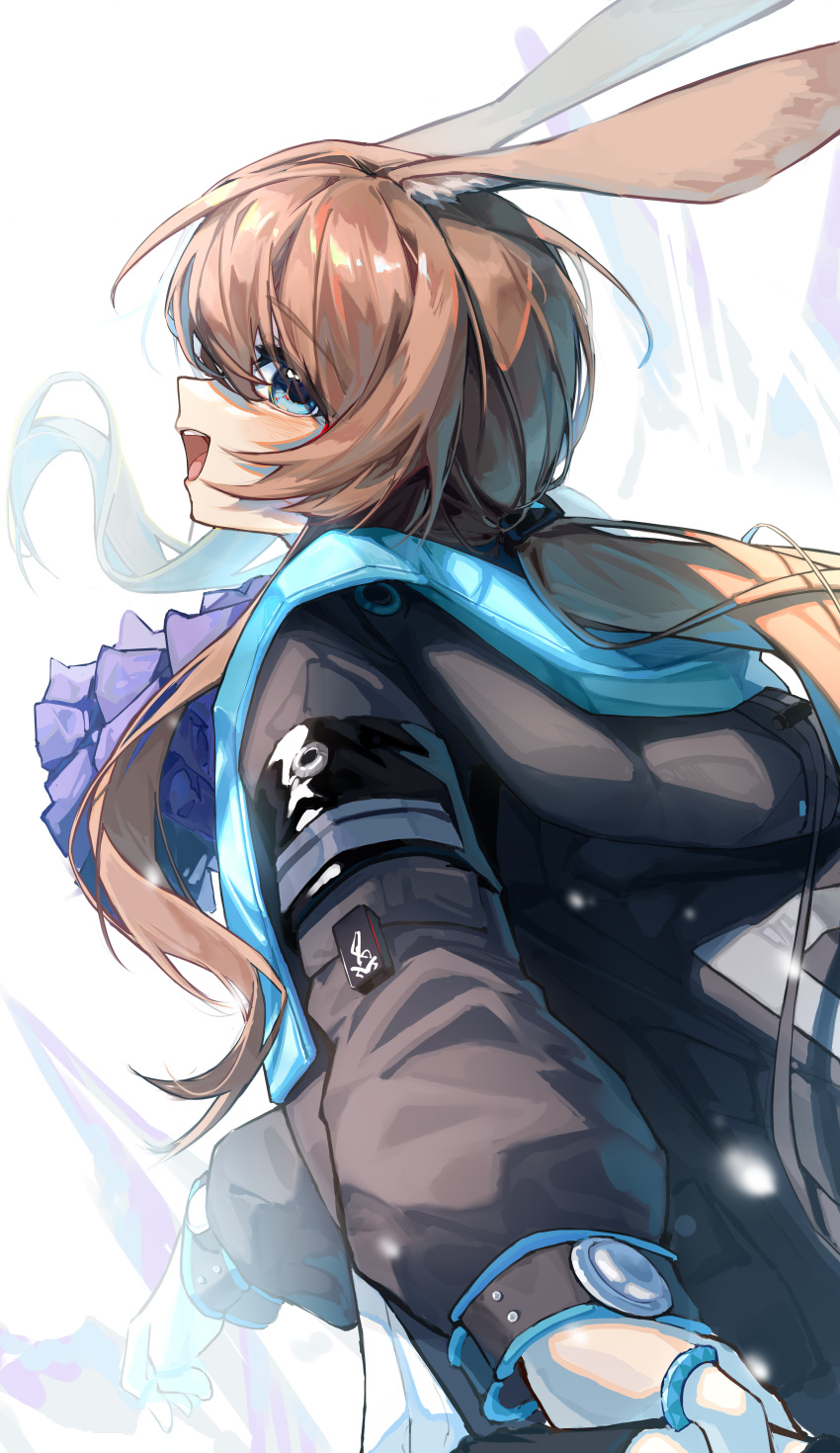 1girl, absurdres, amiya_(arknights), animal_ears, arknights, ascot, black_jacket, blue_ascot, blue_eyes, blush, chino_(user_zdyd2447), highres, hood, hood_down, hooded_jacket, jacket, jewelry, long_hair, long_sleeves, looking_at_viewer, open_mouth, ponytail, rabbit_ears, rabbit_girl, ring, simple_background, solo, teeth, upper_body, upper_teeth, white_background