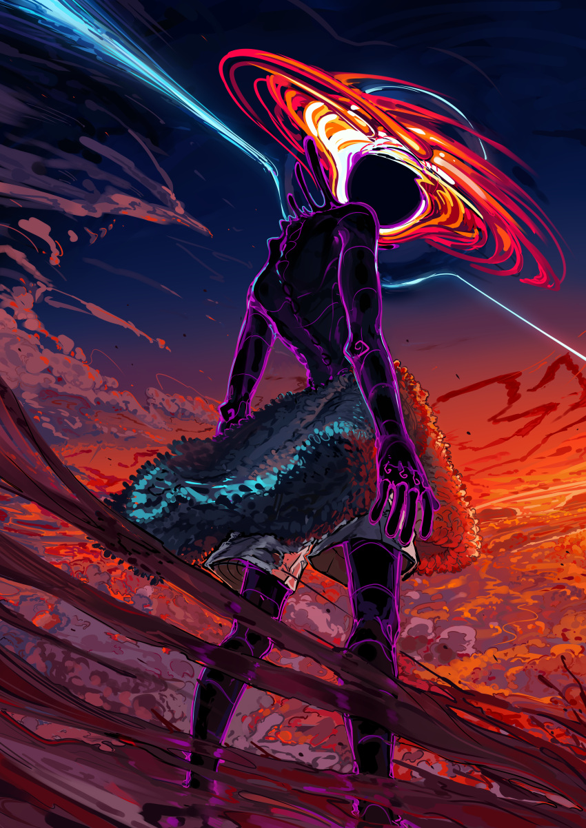 absurdres, aerovity, black_skin, blackhole-chan, clouds, colored_skin, facing_away, highres