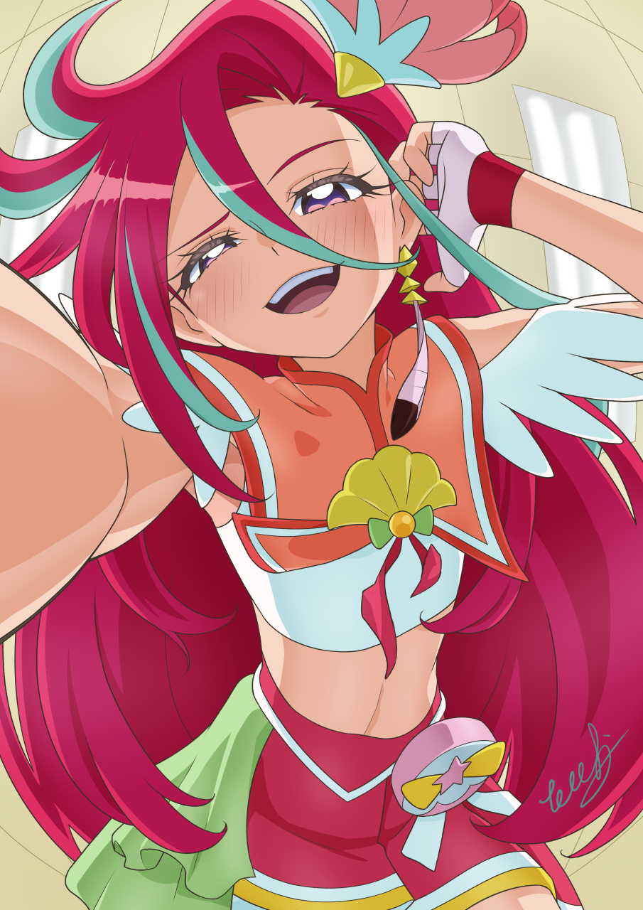 1girl, blue_hair, colored_eyelashes, cure_flamingo, earrings, feather_earrings, feathers, fingerless_gloves