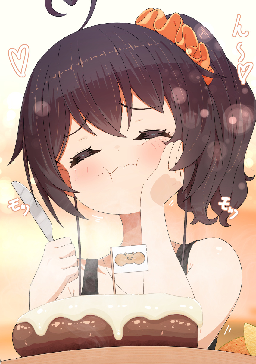 1girl, absurdres, ahoge, armpit_crease, bangs, black_tank_top, blush, brown_hair