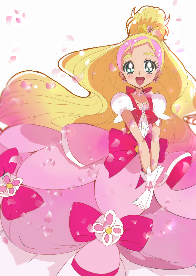 1girl, aqua_eyes, blonde_hair, bow, commentary, cure_flora, cure_flora_(mode_elegant), dress, dress_bow, dress_flower, earrings, flower_brooch, gloves, go!_princess_precure, hair_bun, haru_(nature_life), haruno_haruka, jewelry, open_mouth, petals, pink_bow, pink_dress, pink_hair, precure, puffy_short_sleeves, puffy_sleeves, short_sleeves, smile, solo, waist_bow, waist_brooch, white_gloves, wide_ponytail