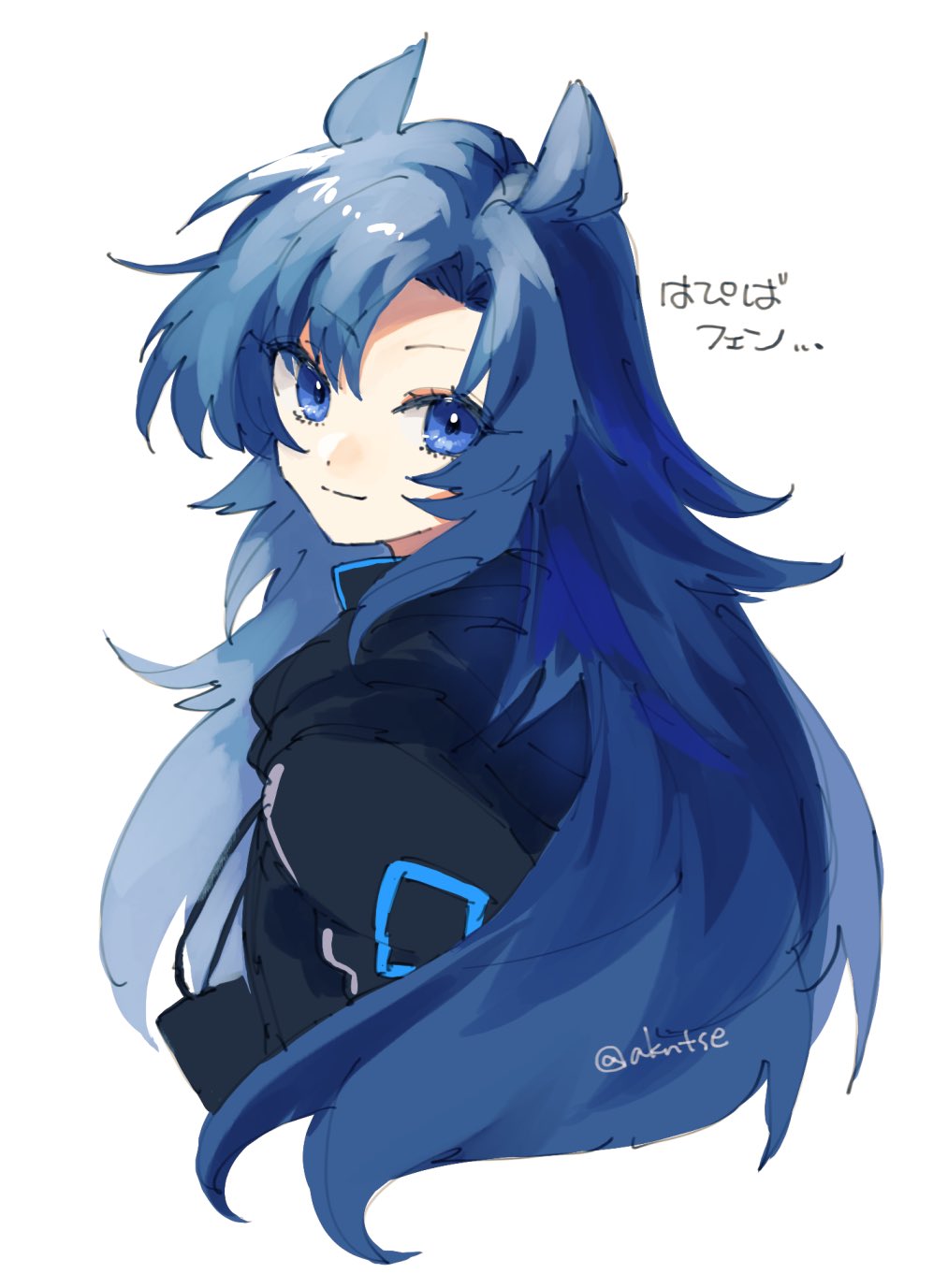 1girl, animal_ears, arknights, black_jacket, blue_hair, character_name, fang_(arknights), from_behind, highres, horse_ears, horse_girl, jacket, long_hair, looking_at_viewer, looking_back, one-hour_drawing_challenge, seri_(akntse), smile, solo, twitter_username
