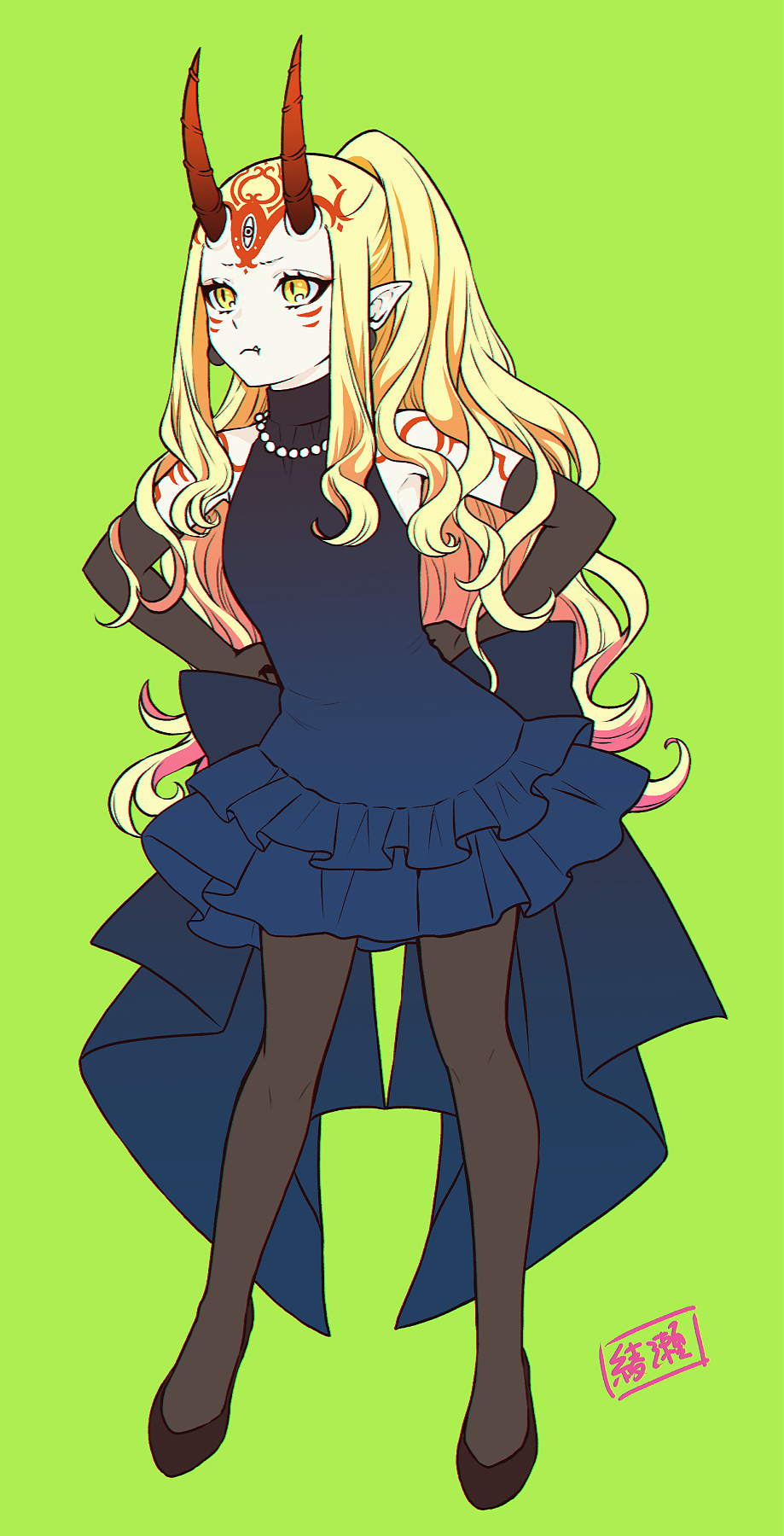 1girl, back_bow, bare_shoulders, black_footwear, blonde_hair, blue_dress, body_markings, bow