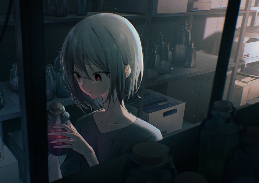 1girl, bottle, box, cardboard_box, closed_mouth, collarbone, corked_bottle, from_side