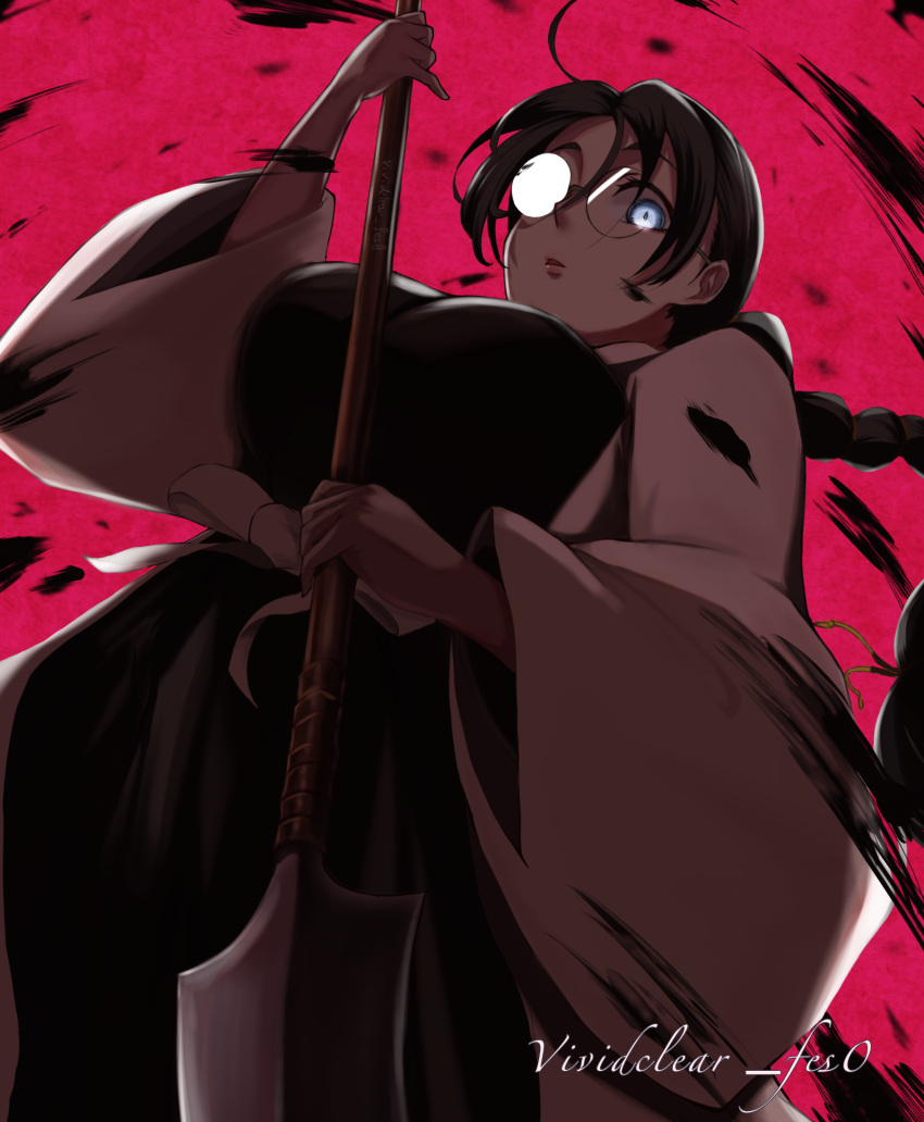 1girl, bangs, black_hair, black_kimono, bleach, bleach:_the_thousand-year_blood_war, blue_eyes, braid, breasts, expressionless, food-act, glasses, hair_between_eyes, haori, highres, holding, holding_polearm, holding_weapon, japanese_clothes, katori_batsuunsai, kimono, large_breasts, long_hair, looking_at_viewer, looking_down, naginata, open_clothes, open_mouth, polearm, red_background, rimless_eyewear, sash, single_braid, solo, watermark, weapon, white_sash, wide_sleeves