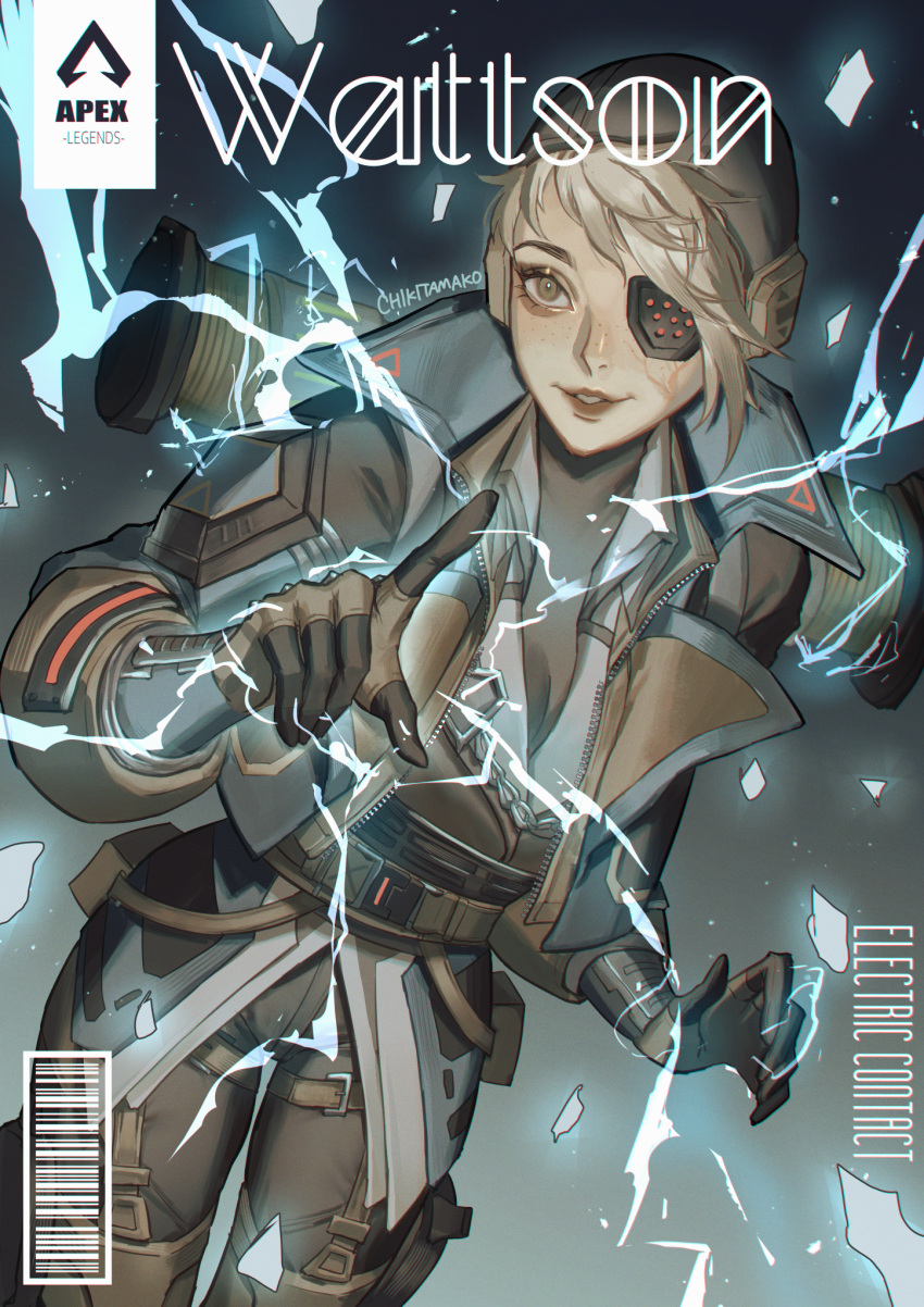 1girl, apex_legends, bangs, barcode, belt, black_belt, black_gloves, black_headwear, blonde_hair, blue_jacket, brown_pants, character_name, comic_cover, cover, deep_current_wattson, electricity, eyepatch, fake_cover, gloves, highres, jacket, looking_to_the_side, official_alternate_costume, one_eye_covered, pants, parted_lips, reikichi, smile, solo, wattson_(apex_legends)