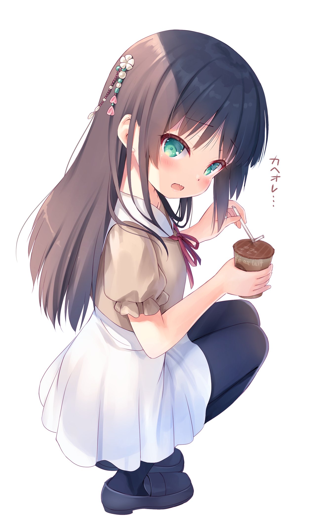 1girl, :o, bangs, bendy_straw, blouse, blue_footwear, blue_pantyhose, blush, brown_hair, brown_shirt, cafe_au_lait, collar, commentary_request, cup, disposable_cup, drinking_straw, full_body, green_eyes, hair_ornament, highres, holding, holding_cup, loafers, long_hair, looking_at_viewer, na-ga, neck_ribbon, open_mouth, original, pantyhose, puffy_short_sleeves, puffy_sleeves, red_ribbon, ribbon, shirt, shoes, short_sleeves, sidelocks, simple_background, skirt, solo, squatting, translation_request, white_background, white_collar, white_skirt