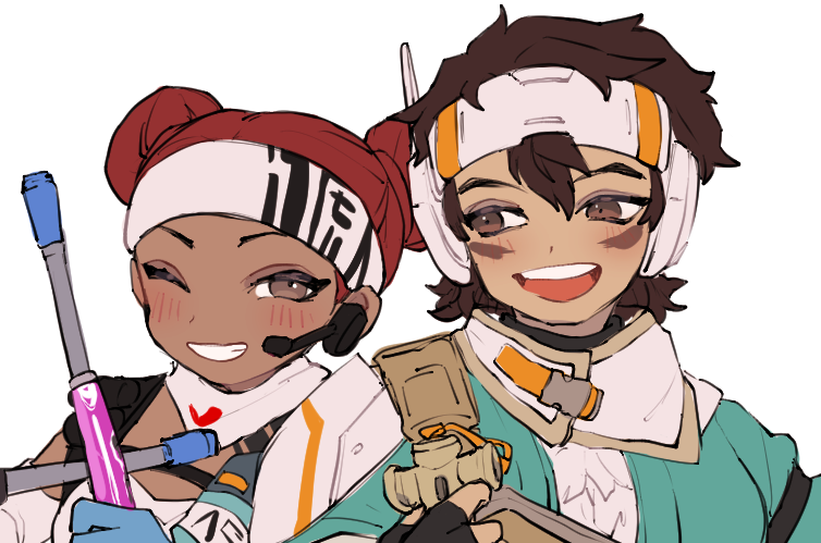 animification, apex_legends, aqua_jacket, blue_gloves, dark-skinned_female, dark_skin, detached_sleeves, double_bun, drumsticks, gloves, hair_bun, hairband, headgear, headset, holding, holding_drumsticks, holding_whistle, jacket, lifeline_(apex_legends), looking_to_the_side, one_eye_closed, open_mouth, redhead, riku_(ururi7610), shock_sticks_(apex_legends), sketch, smile, tank_top, vantage_(apex_legends), whistle, white_hairband, white_tank_top