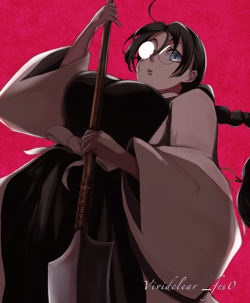 1girl, bangs, black_hair, black_kimono, bleach, bleach:_the_thousand-year_blood_war, blue_eyes, braid