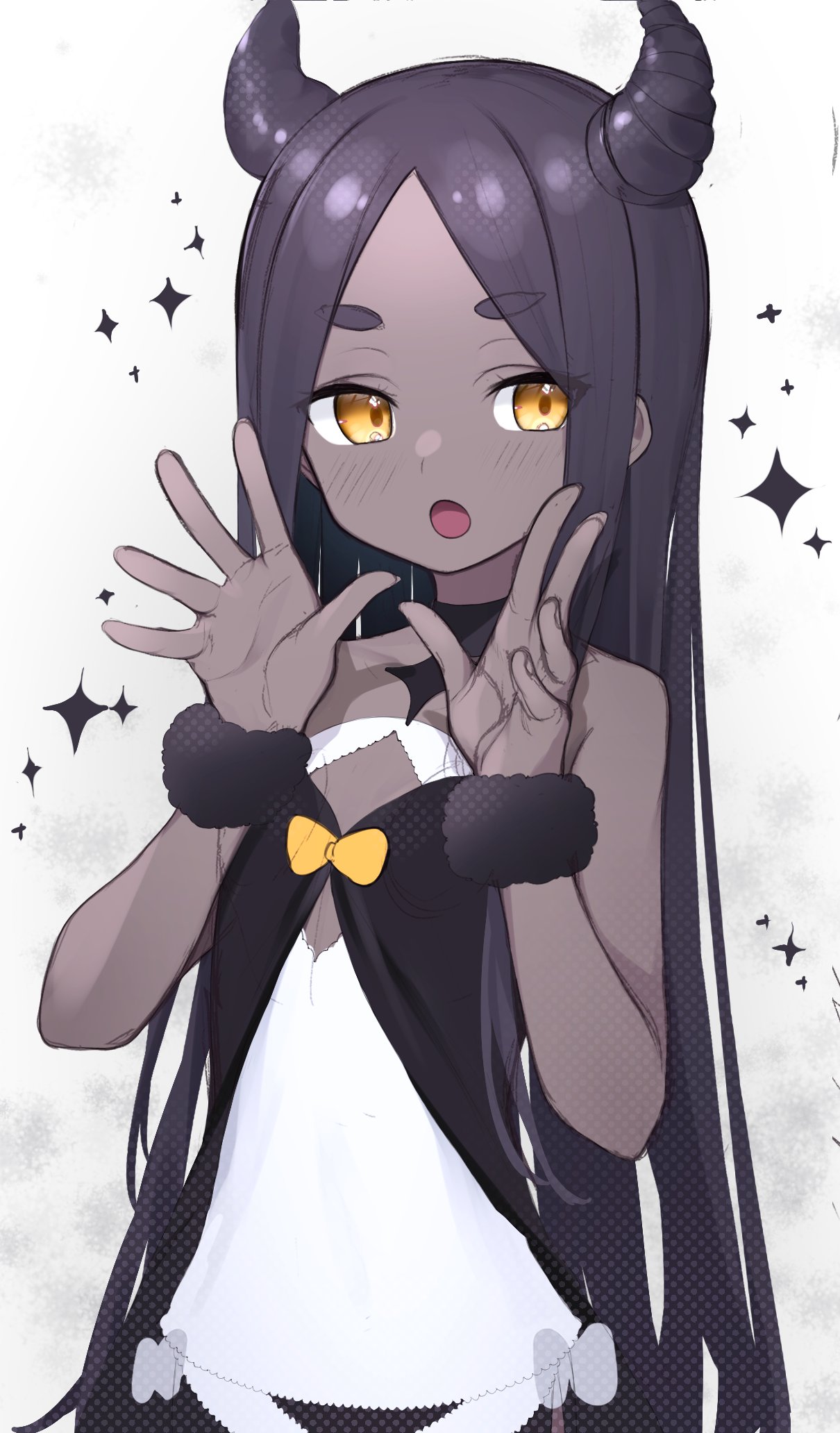 1girl, :o, bangs, bare_shoulders, black_hair, dark-skinned_female, dark_skin, diamond_cutout