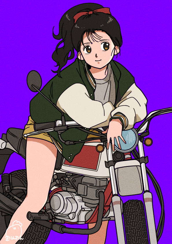 1girl, arm_rest, artist_name, bangs, black_eyes, black_hair, bow, brown_eyes