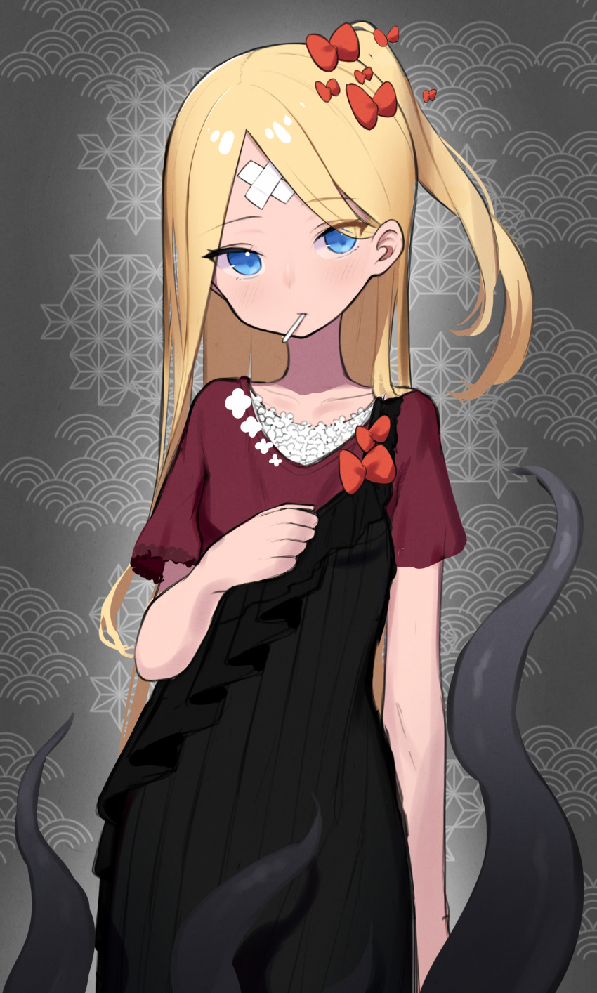 1girl, abigail_williams_(fate), alternate_costume, bandaid, bandaid_on_face, bandaid_on_forehead, bangs, black_dress, blonde_hair, blue_eyes, bow, candy, crossed_bandaids, dress, fate/grand_order, fate_(series), food, food_in_mouth, hair_bow, highres, lazu0721, lollipop, long_hair, looking_at_viewer, multiple_hair_bows, one_side_up, parted_bangs, patterned_background, red_bow, short_sleeves, sketch, solo, tentacles, two-tone_dress