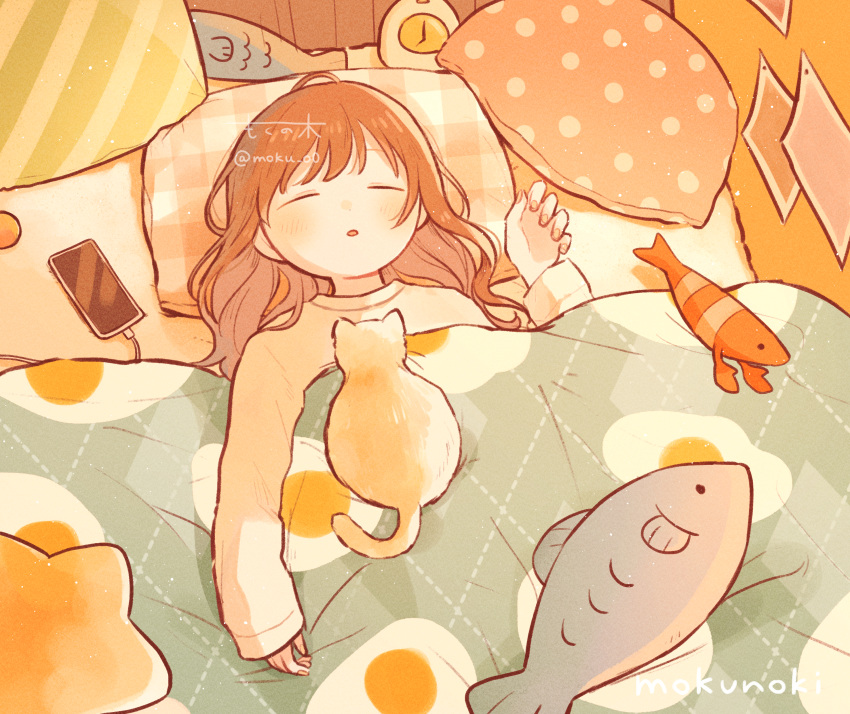 1girl, absurdres, animal_ears, arm_rest, artist_name, bangs, bedroom, blanket, brown_hair, cable, cat, cat_ears, cellphone, charging_device, clock, closed_eyes, dotted_line, egg_print, hair_flowing_over, hand_rest, head_on_pillow, highres, indoors, long_hair, lupinus4869, lying, on_back, on_bed, original, parted_lips, pastel_colors, phone, pillow, polka_dot_pillow, romaji_text, scenery, smartphone, star_pillow, striped_pillow, stuffed_animal, stuffed_fish, stuffed_shrimp, stuffed_toy, twitter_username, watermark