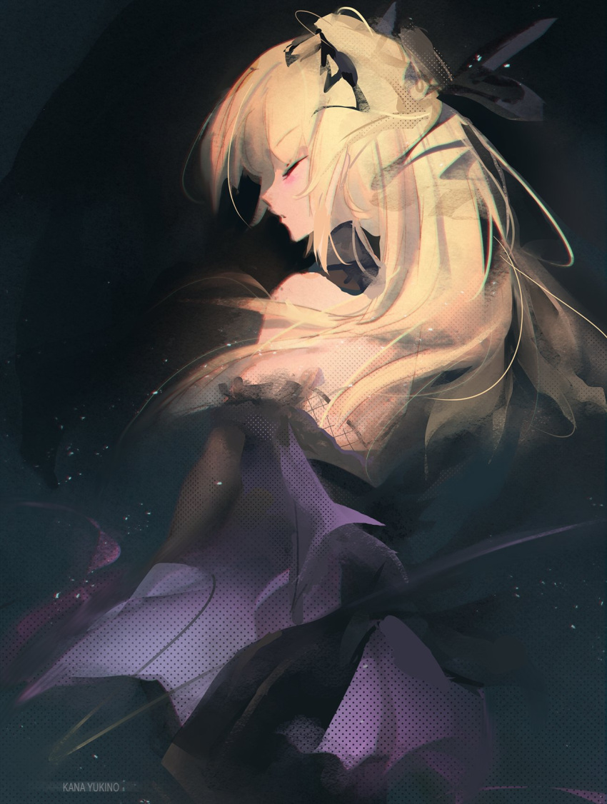 1girl, abstract_background, bare_shoulders, blonde_hair, blurry, bodysuit, bow, bowtie