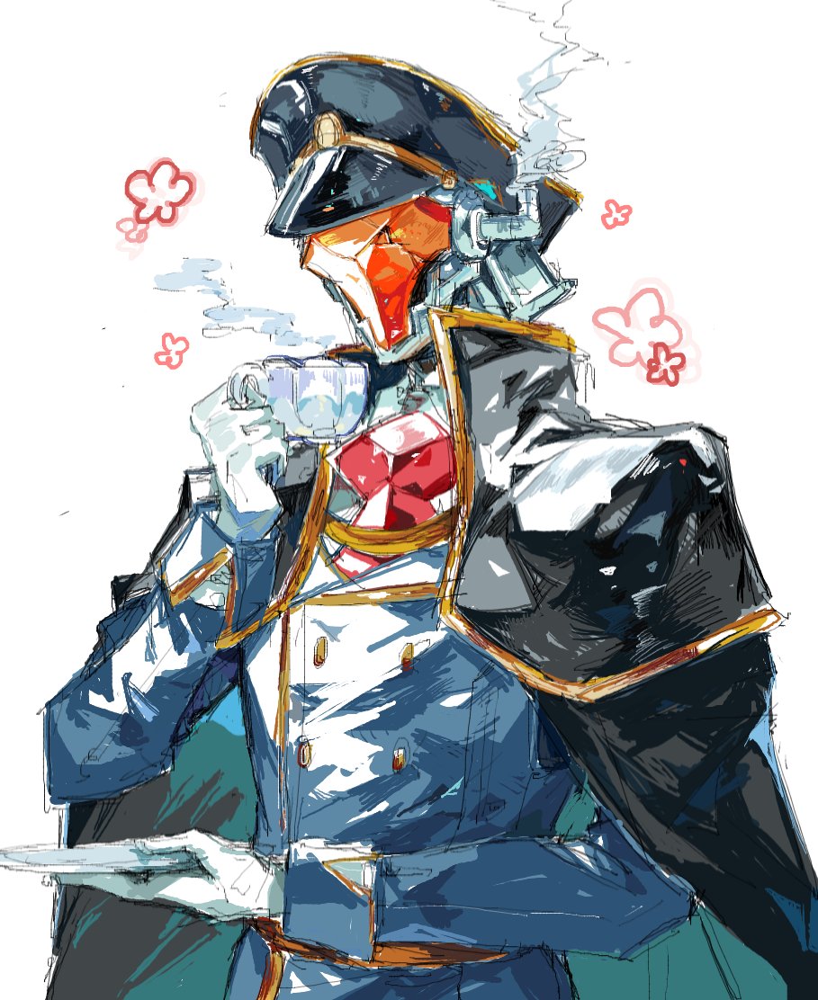black_cape, black_headwear, blue_jacket, cape, chikichi, clothed_robot, cup, flower, gloves, hat, holding, holding_cup, holding_plate, humanoid_robot, jacket, kurogane_(chikichi), military_hat, no_humans, original, plate, robot, sketch, smoke, solo, teacup, upper_body, white_gloves