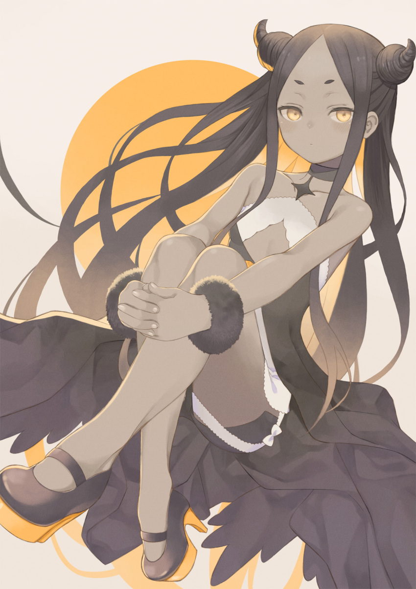 1girl, bangs, bare_shoulders, black_hair, choker, crossed_legs, dark-skinned_female, dark_skin