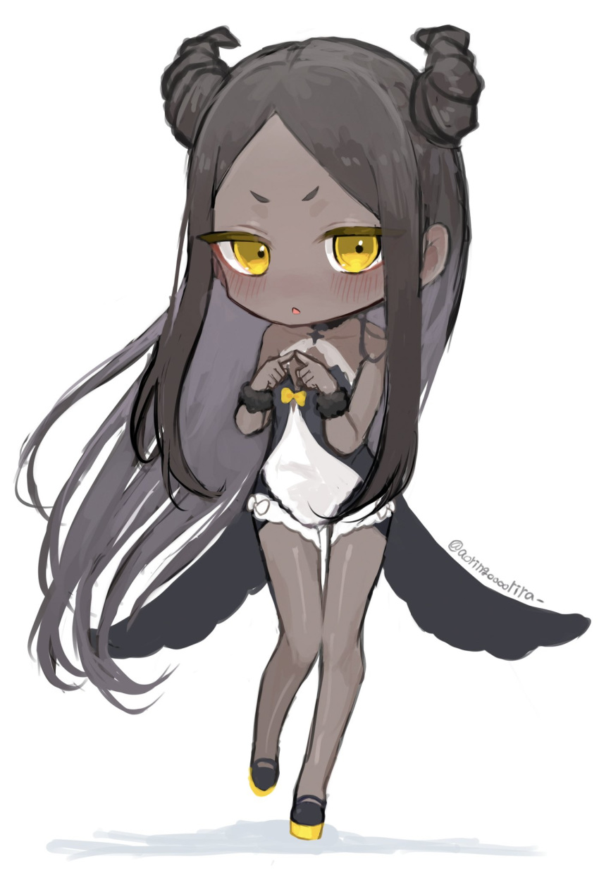 1girl, aorin_oekaki, bangs, bare_legs, bare_shoulders, black_hair, blush, chibi