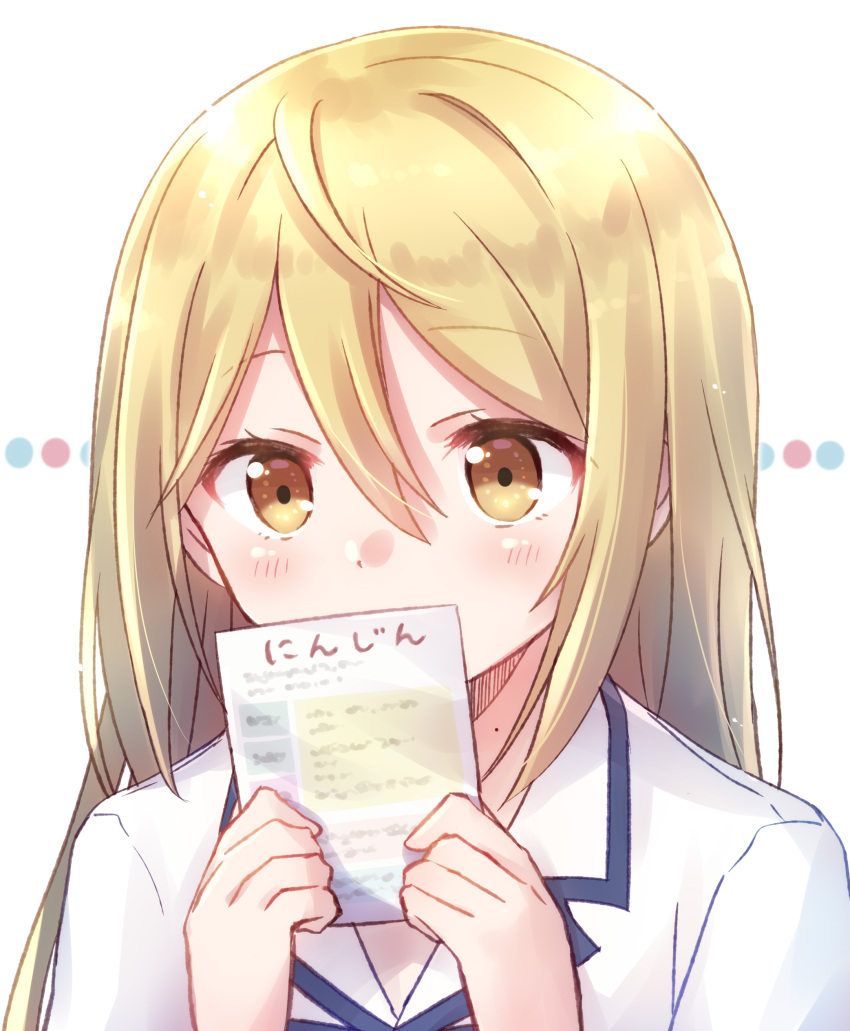 1girl, absurdres, blonde_hair, hair_between_eyes, hands_up, highres, kotokawa_akira, long_hair