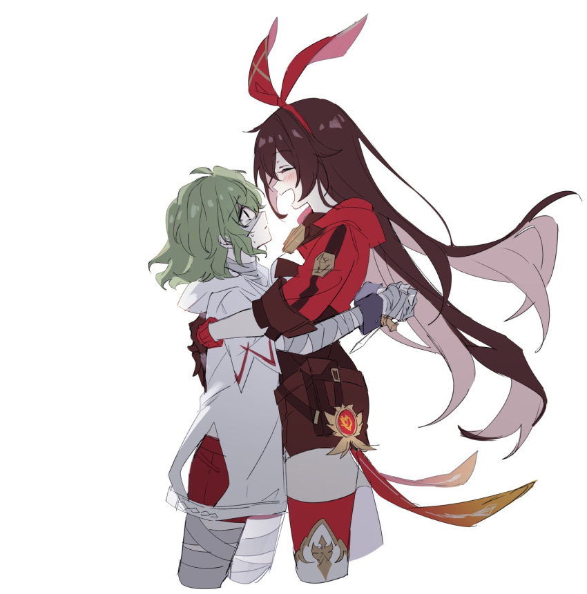 2girls, amber_(genshin_impact), bandaged_arm, bandaged_hand, bandaged_leg, bandages, bangs, blush, boo_1, brown_hair, brown_shorts, closed_eyes, collei_(genshin_impact), cropped_legs, from_side, genshin_impact, gloves, green_hair, hair_between_eyes, highres, hug, long_hair, multiple_girls, open_mouth, profile, short_hair, shorts, simple_background, sweat, thigh-highs, very_long_hair, vision_(genshin_impact), white_background