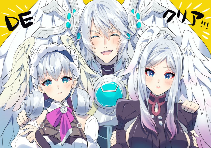 1boy, 2girls, :d, bangs, black_jacket, blue_eyes, character_request, closed_eyes