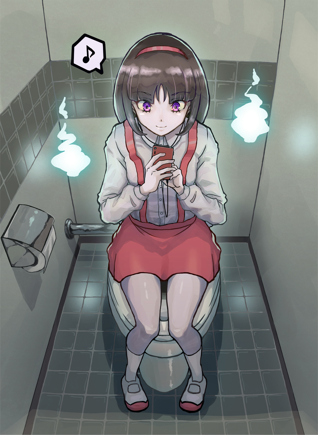 1girl, brown_hair, cellphone, closed_mouth, collared_shirt, earphones, earphones, gegege_no_kitarou