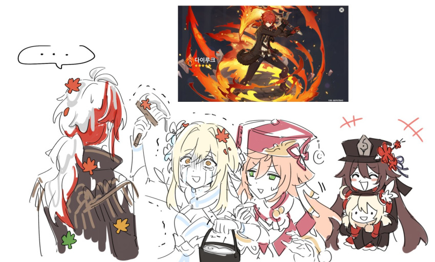 +++, ..., 1boy, 4girls, antlers, bangs, black_headwear, blonde_hair
