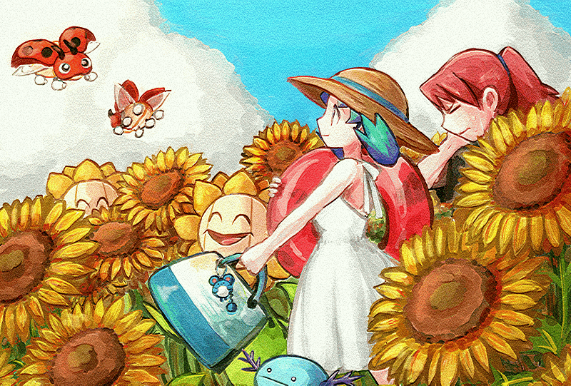 1boy, 1girl, alternate_costume, bag, brown_headwear, closed_mouth, clouds, commentary_request