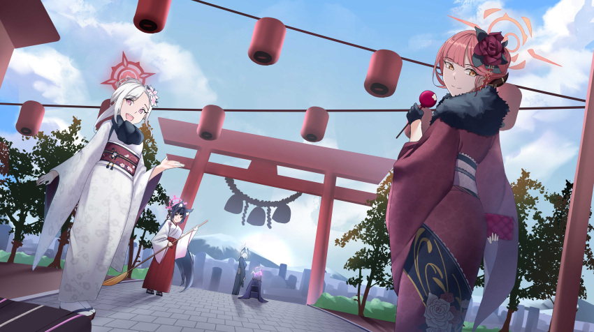 5girls, :d, absurdres, animal_ears, architecture, arturaxia, aru_(blue_archive), aru_(new_year)_(blue_archive)