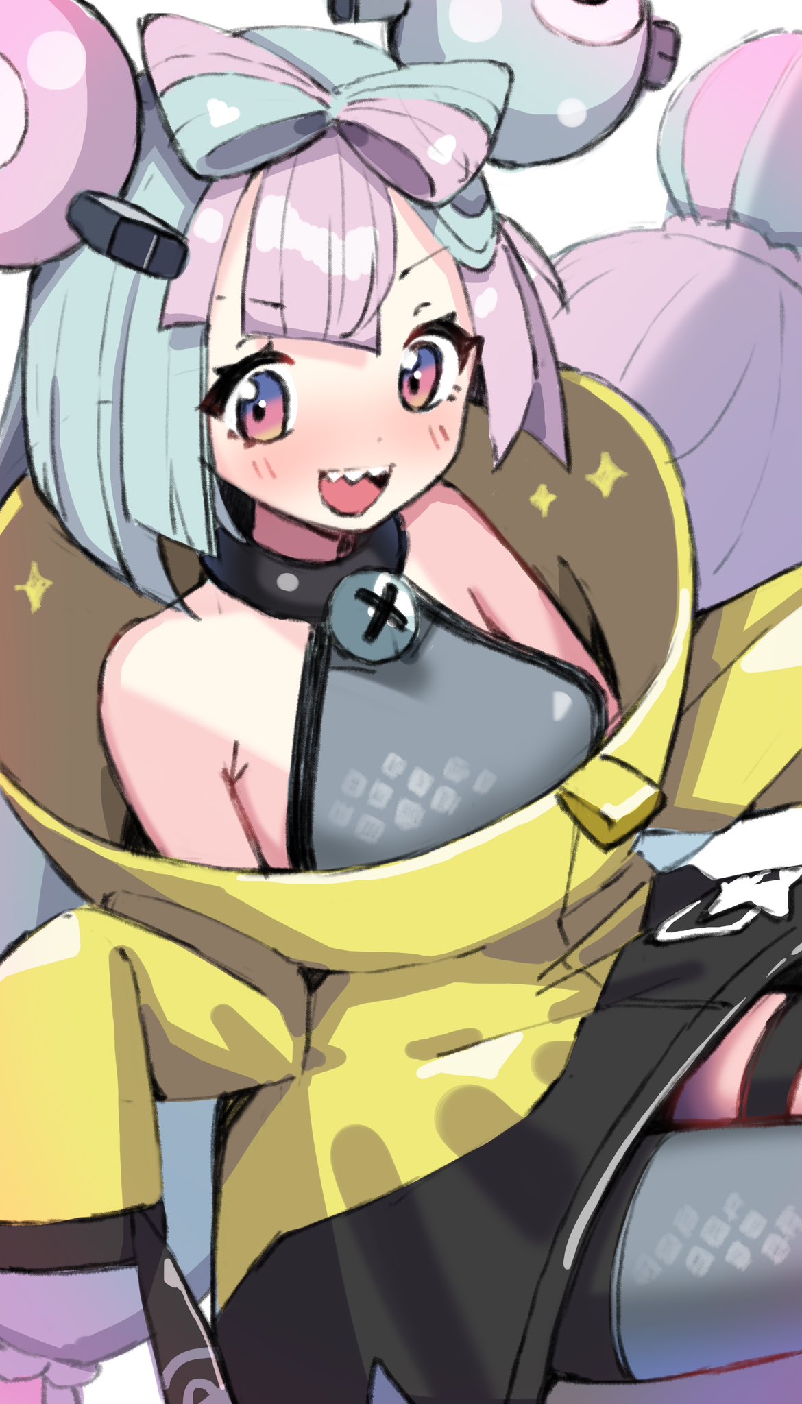 1girl, aqua_hair, bangs, bare_shoulders, black_jacket, bow-shaped_hair, gradient_eyes, grey_pantyhose