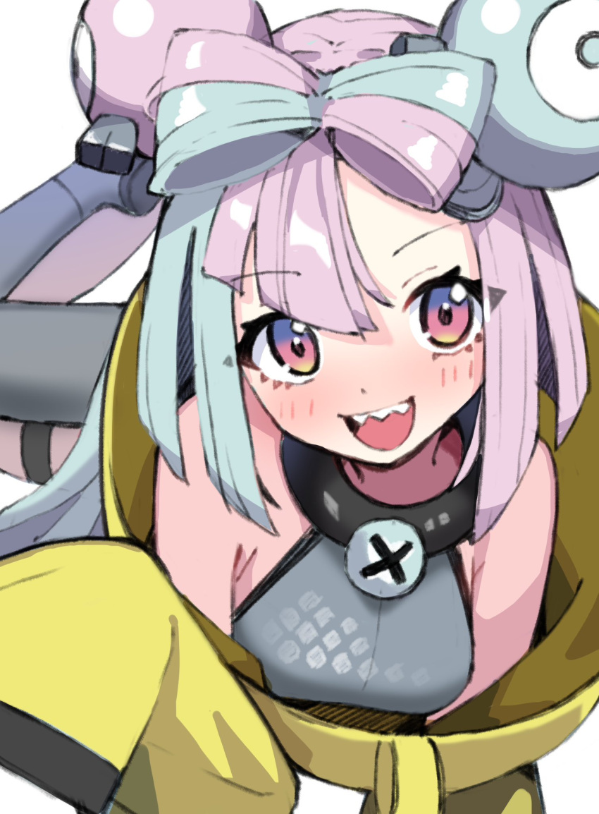 1girl, aqua_hair, bangs, bare_shoulders, black_jacket, boots, bow-shaped_hair, gradient_eyes