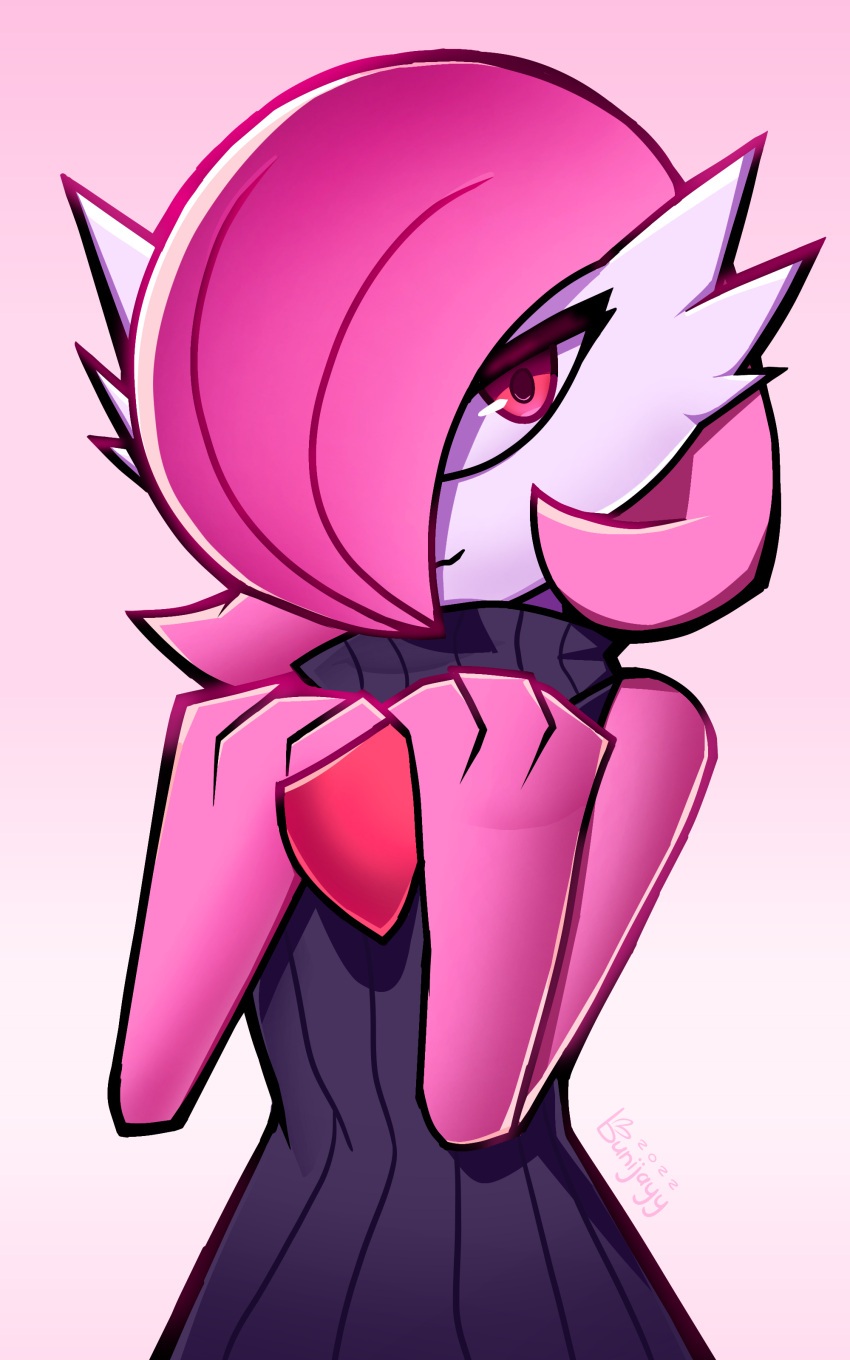 1girl, absurdres, alternate_color, alternate_shiny_pokemon, artist_name, bangs, bare_shoulders, blue_sweater, bob_cut, bunijayy, closed_mouth, clothed_pokemon, colored_skin, commentary, dated, english_commentary, flat_chest, gardevoir, gradient, gradient_background, hair_over_one_eye, hands_up, happy, highres, looking_at_viewer, multicolored_skin, one_eye_covered, own_hands_together, pink_background, pink_hair, pink_skin, pink_theme, pokemon, pokemon_(creature), red_eyes, ribbed_sweater, short_hair, signature, simple_background, sleeveless, sleeveless_sweater, smile, solo, standing, sweater, turtleneck, turtleneck_sweater, two-tone_skin, upper_body, white_skin