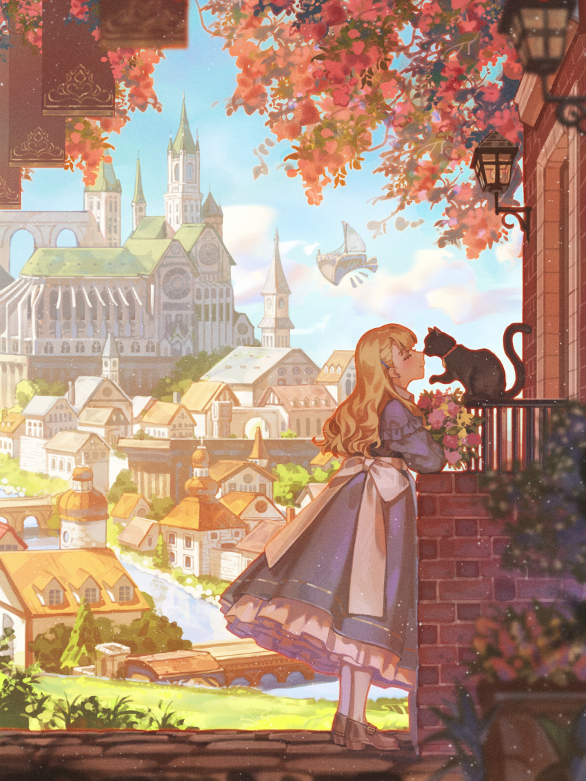1girl, architecture, bangs, banner, black_cat, blonde_hair, blue_dress, blurry, bouquet, bow, brick_wall, brown_footwear, building, cat, cathedral, cityscape, closed_eyes, collar, day, depth_of_field, dormer, dress, dress_bow, europe, flower, flying, foliage, frilled_dress, frills, from_side, full_body, gold_trim, gothic_architecture, highres, holding, holding_bouquet, holding_flower, kiss, lamp, long_hair, long_sleeves, looking_at_animal, mary_janes, medieval, original, pavement, petticoat, pink_flower, plant, railing, scenery, ship, shoes, sitting_on_railing, socks, sora_(akaisw), standing, tower, town, tree, under_tree, watercraft, white_bow, white_socks
