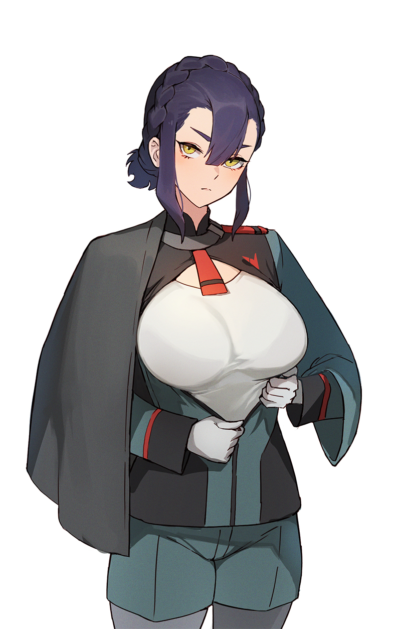 1girl, asticassia_school_uniform, bangs, bodystocking, braid, breasts, cowboy_shot, crown_braid, gloves, green_jacket, green_shorts, gundam, gundam_suisei_no_majo, highres, jacket, jason_kim, large_breasts, sabina_fardin, school_uniform, shorts, sidelocks, solo, violet_eyes, white_background, white_gloves, yellow_eyes