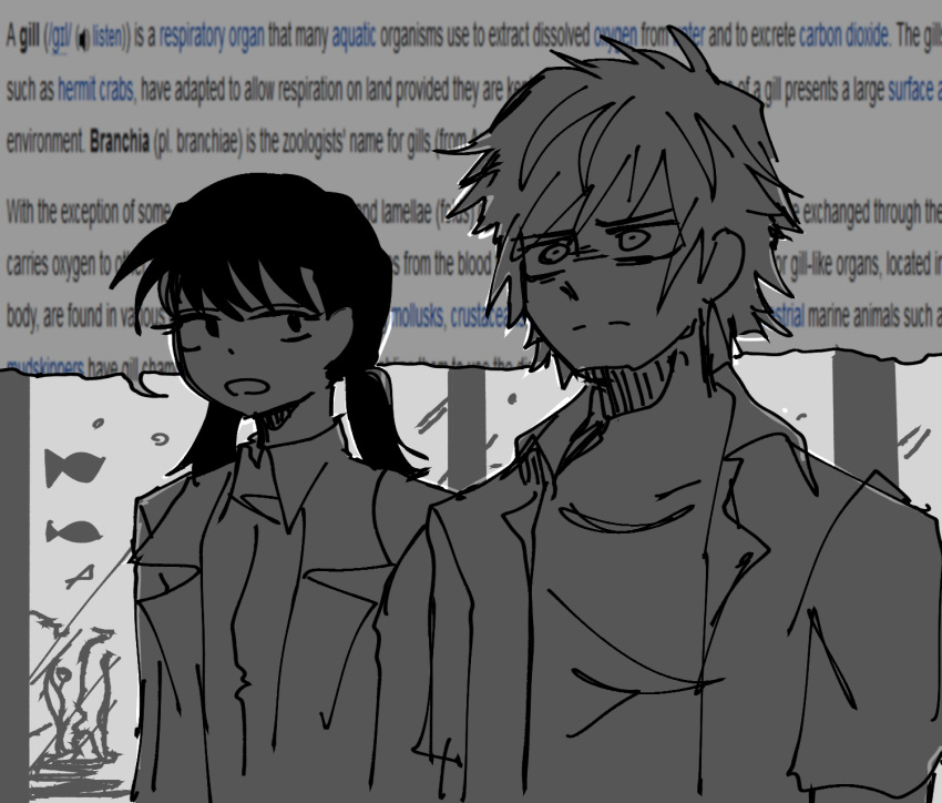 1boy, 1girl, aquarium, black_hair, chainsaw_man, denji_(chainsaw_man), fish, frown