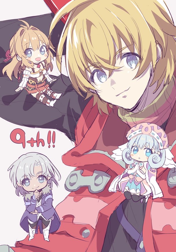 2boys, 2girls, :d, :o, bangs, black_thighhighs, blonde_hair, blue_eyes