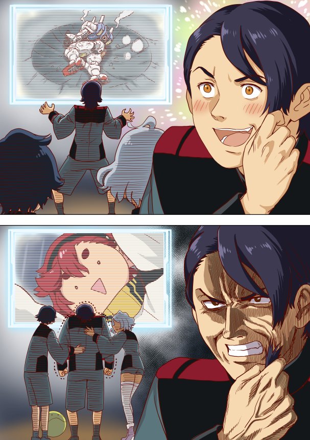 2boys, 2girls, asticassia_school_uniform, black_hairband, blue_hair, brown_eyes, chibi, dark-skinned_female