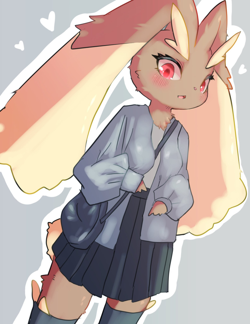 1girl, animal_ears, animal_nose, bag, between_breasts, blue_skirt, blue_thighhighs, blush, body_fur, breasts, brown_fur, clothed_pokemon, commentary_request, cowboy_shot, dutch_angle, furry, furry_female, grey_background, grey_jacket, hands_up, happy, heart, highres, jacket, long_sleeves, looking_at_viewer, lopunny, miniskirt, mixed-language_commentary, open_clothes, open_jacket, open_mouth, outline, partial_commentary, pleated_skirt, pokemon, pokemon_(creature), puffy_long_sleeves, puffy_sleeves, rabbit_ears, rabbit_girl, rabbit_tail, red_eyes, shirt, shirt_tucked_in, shoulder_bag, simple_background, skirt, small_breasts, smile, solo, standing, strap_between_breasts, tail, thigh-highs, thighs, two-tone_fur, white_outline, white_shirt, xanadu_corona, yellow_fur, zettai_ryouiki