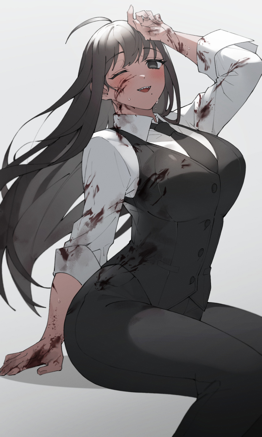 1girl, ahoge, bangs, black_hair, black_necktie, black_pants, blood, blood_on_clothes, blood_on_face, blood_on_hands, blush, breasts, collared_shirt, dress_shirt, grey_eyes, hand_on_own_head, hand_up, highres, large_breasts, long_hair, lvemhrd, mole, mole_under_mouth, necktie, no_pupils, one_eye_closed, original, pants, sharp_teeth, shirt, sitting, smile, solo, teeth, very_long_hair, waistcoat, white_shirt