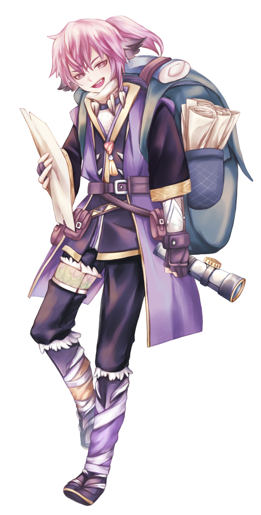 :o, absurdres, animal_ears, backpack, bag, belt, ear_piercing, full_body, highres, medium_hair, paper, piercing, pink_hair, pixiv_fantasia, pixiv_fantasia_scepter_of_zeraldia, plz_qinbo, pouch, scroll, short_ponytail, simple_background, spyglass, standing, white_background