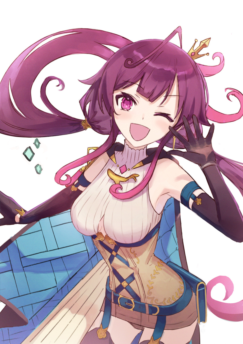 1girl, absurdres, atelier_(series), atelier_sophie, atelier_sophie_2, blush, breasts, cape, cowboy_shot, crown, gloves, highres, jewelry, leotard, long_hair, looking_at_viewer, low_twintails, medium_breasts, mini_crown, one_eye_closed, open_mouth, ramizel_erlenmeyer, simple_background, smile, solo, standing, thigh-highs, twintails, white_background, yaminava