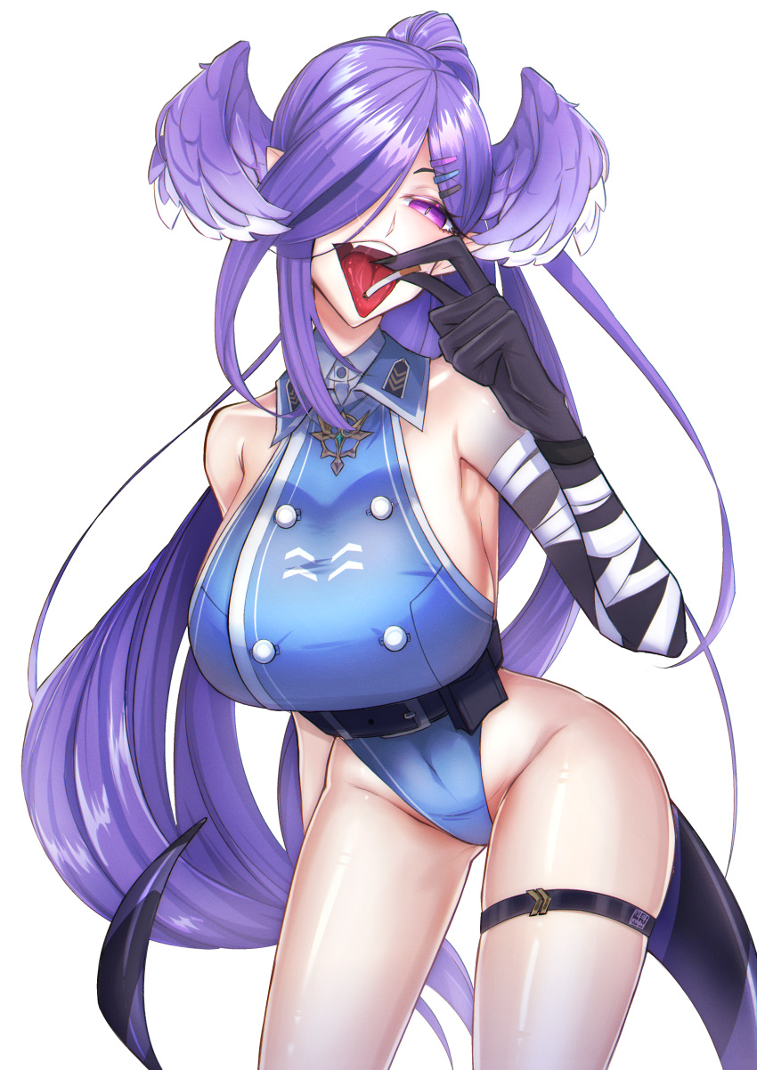 1girl, absurdres, adapted_costume, bandaged_arm, bandages, bare_shoulders, belt, black_nails, breasts, cigarette, dragon_arm, dragon_girl, dragon_tail, hair_ornament, hair_over_one_eye, hairclip, head_wings, highres, holding, holding_cigarette, large_breasts, looking_at_viewer, mamaprofennn, nijisanji, nijisanji_en, official_alternate_costume, purple_hair, purple_wings, selen_tatsuki, simple_background, solo, tail, thick_thighs, thighs, tongue, tongue_out, violet_eyes, virtual_youtuber, white_background, wings