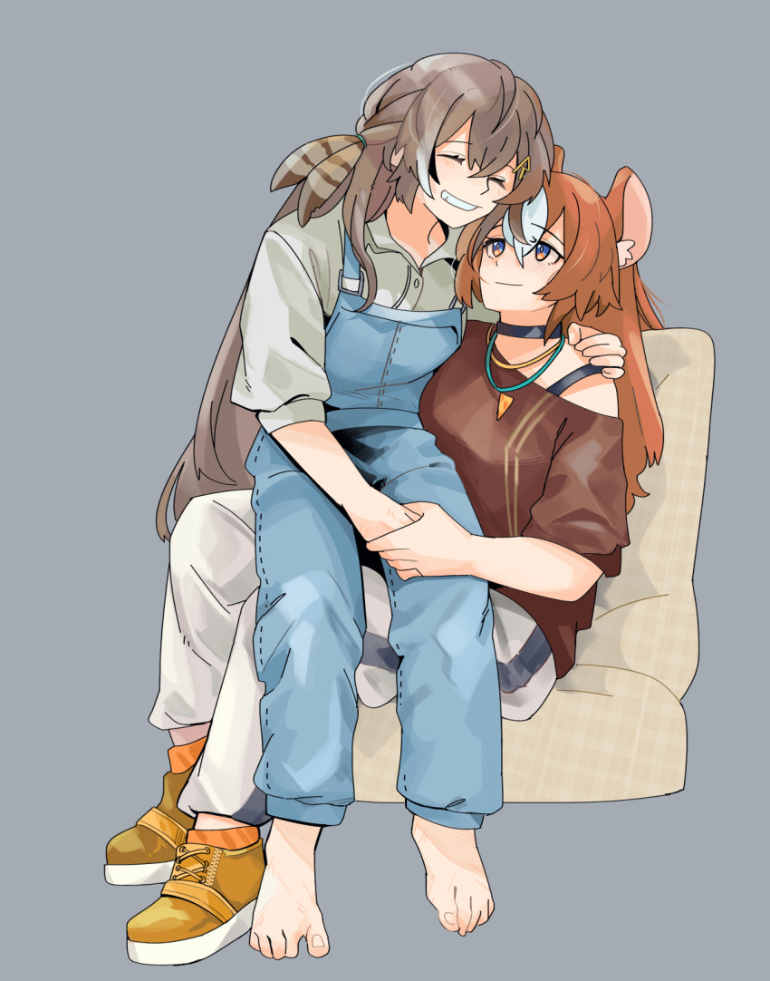 2girls, animal_ears, arms_behind_back, black_hair, brown_hair, closed_eyes, collar, feather_hair_ornament