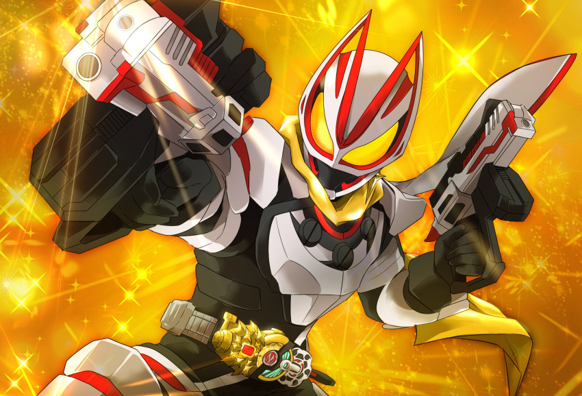 1boy, aiming_at_viewer, armor, black_bodysuit, bodysuit, desire_driver, driver_(kamen_rider), dual_wielding, fever_buckle, fever_magnum_form, fox, glowing, glowing_eyes, gun, highres, holding, kamen_rider, kamen_rider_geats, kamen_rider_geats_(series), leg_armor, magnum_shooter_40x, male_focus, miyabi_(037), rider_belt, scarf, shoulder_armor, spread_legs, thighs, tokusatsu, upper_body, weapon, white_armor, yellow_eyes