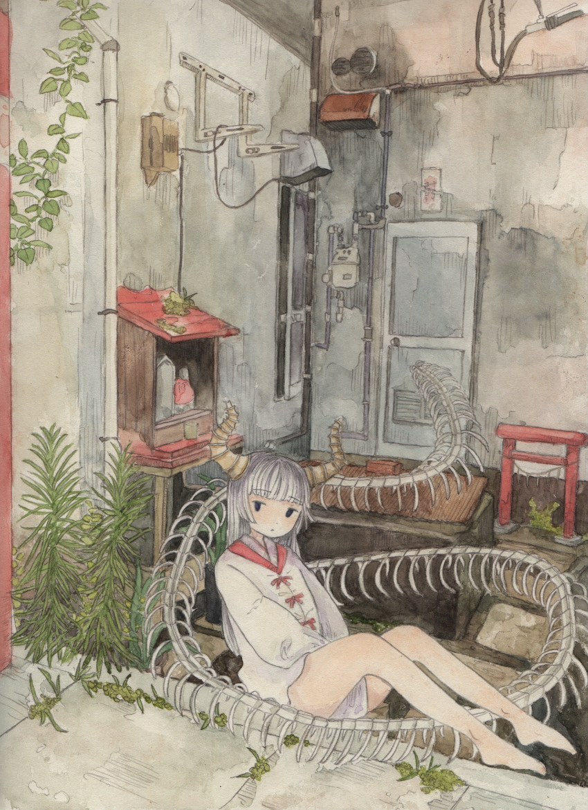 1girl, absurdres, bangs, barefoot, black_eyes, blunt_bangs, bone, door