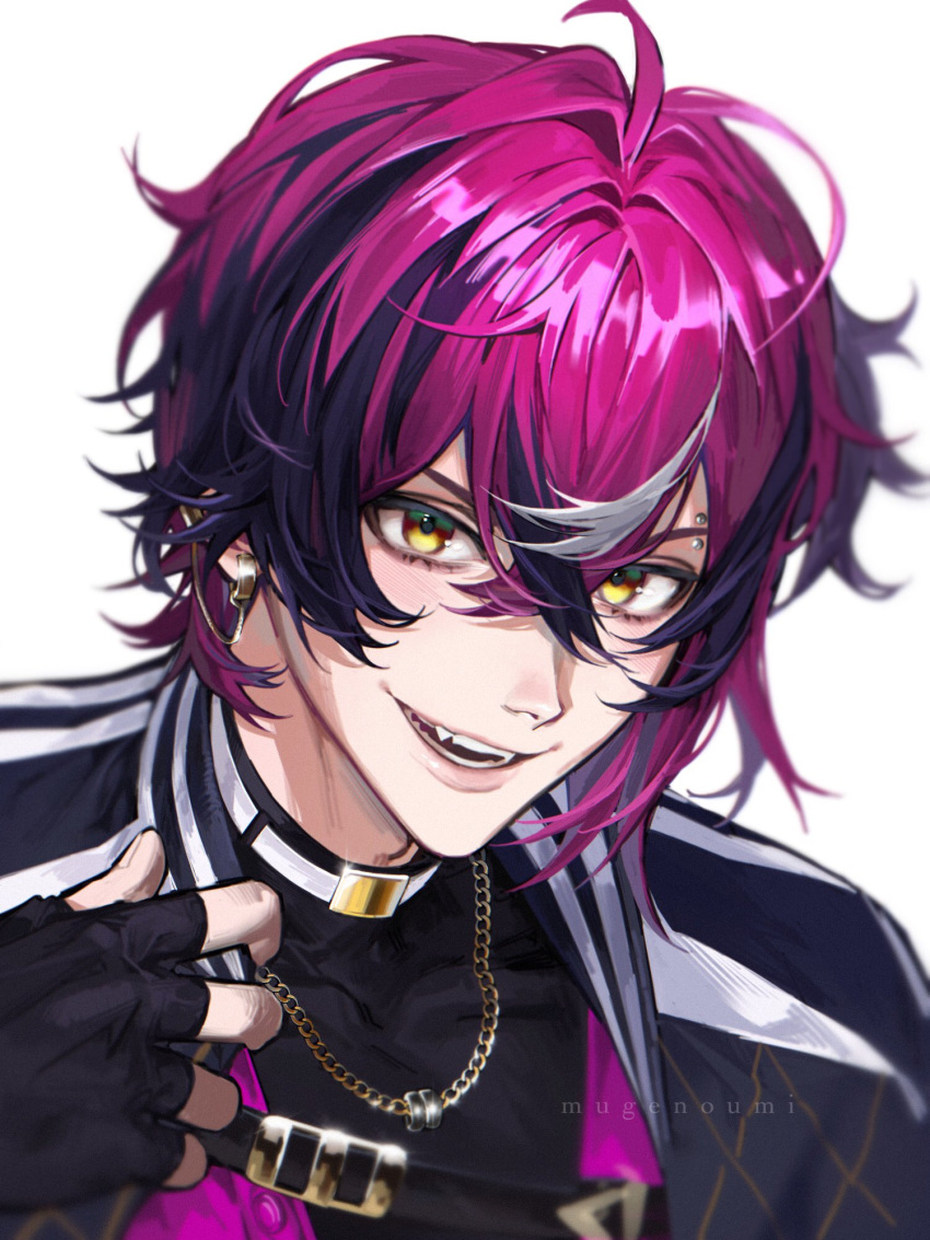 1boy, ahoge, artist_name, bangs, black_gloves, black_hair, black_shirt, blush, choker, commentary, covered_collarbone, crossed_bangs, doppio_dropscythe, earclip, earrings, eyebrow_piercing, fangs, fingerless_gloves, glint, gloves, hair_between_eyes, hand_up, highres, jacket, jewelry, looking_at_viewer, male_focus, multicolored_hair, necklace, nijisanji, nijisanji_en, open_clothes, open_jacket, open_mouth, piercing, purple_hair, ring_necklace, shirt, short_hair, sidelocks, simple_background, smile, solo, streaked_hair, teeth, turtleneck, upper_body, virtual_youtuber, white_background, white_choker, white_hair, yellow_eyes, yoonmiumi